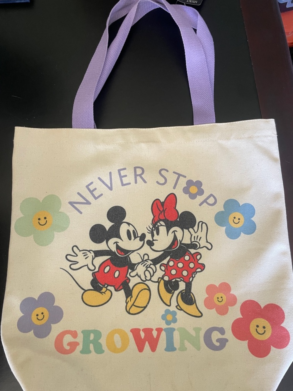 Disney Canvas Tote with Lilac Straps and Multicolor Floral Accents